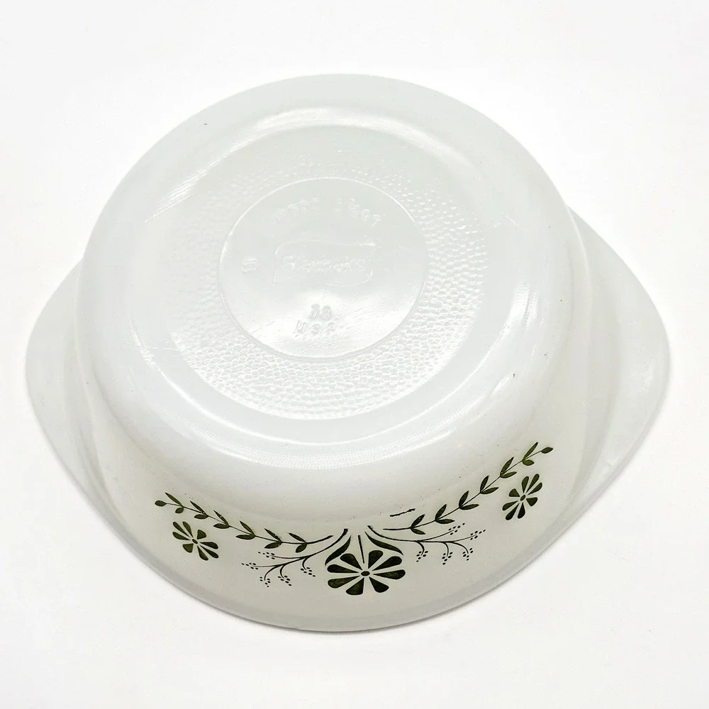 Glasbake Casserole Serving Dish Green Daisy Milk Glass No Lid Vintage 1.5 qt